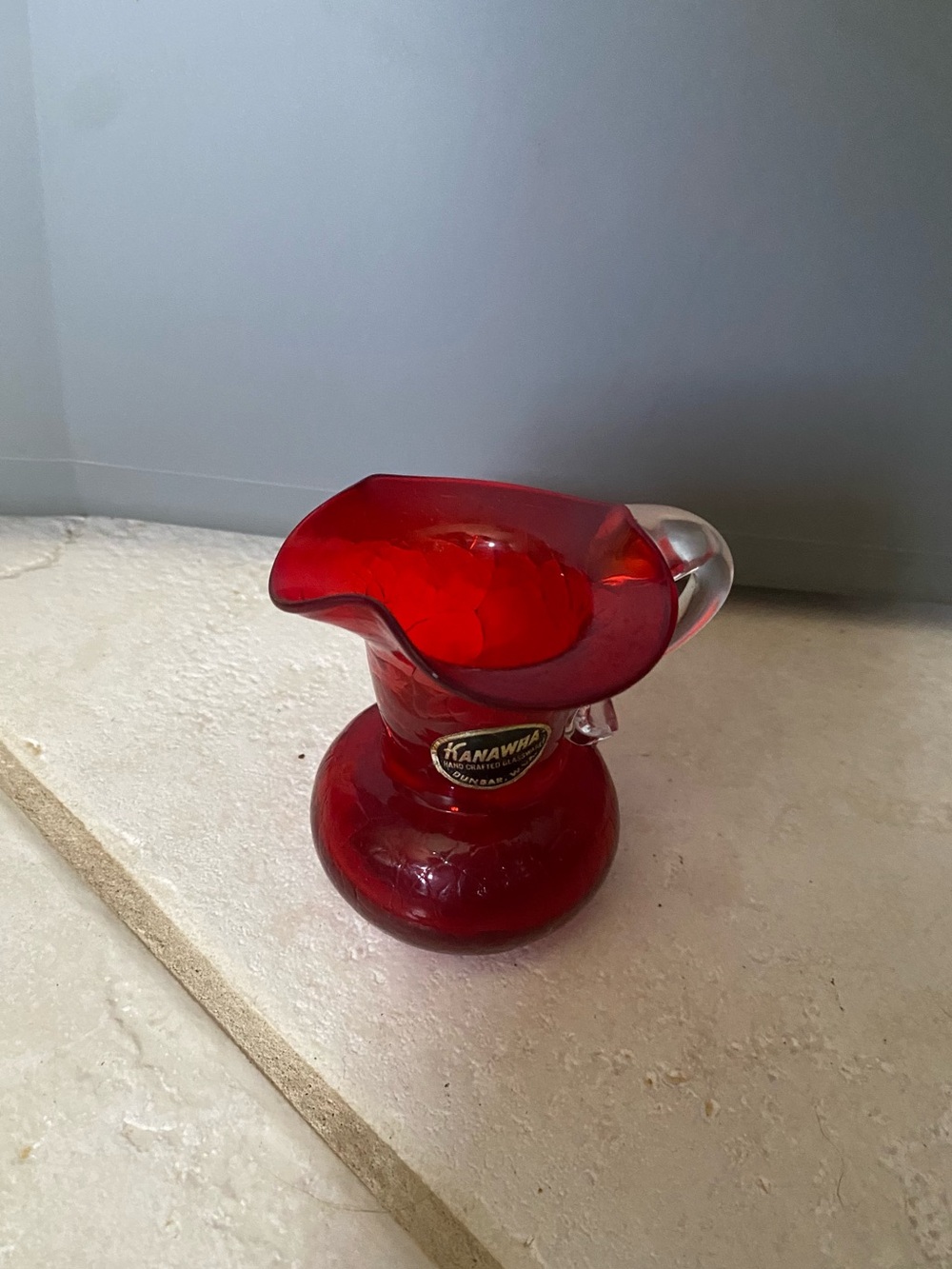 Vintage MCM Kanawha Ruby Red Crackle Glass Mini Pitcher 3.5" Original Label